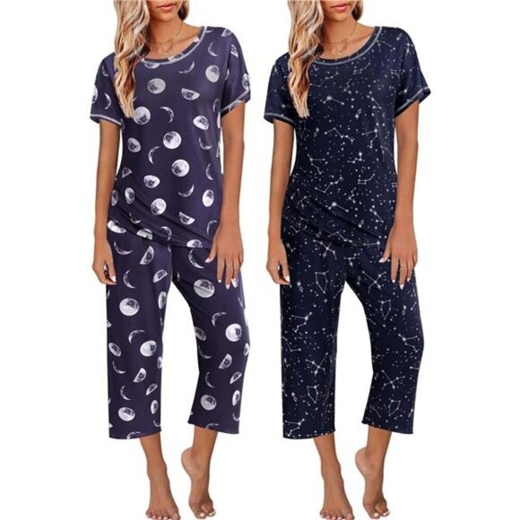 2-Pack Womens Floral Pajama Set Short Sleeve Tops & Capri...